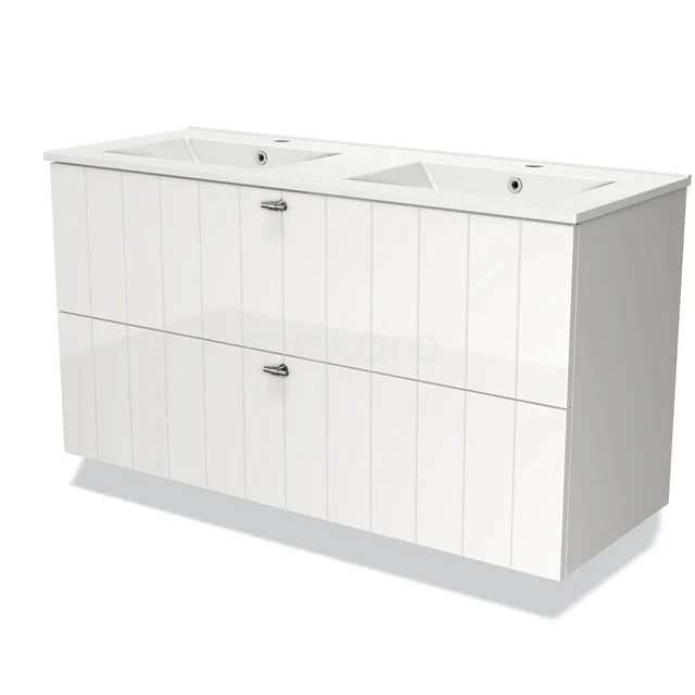 White double vanity set with glossy finish, featuring two basins and two drawers for stylish bathroom storage.