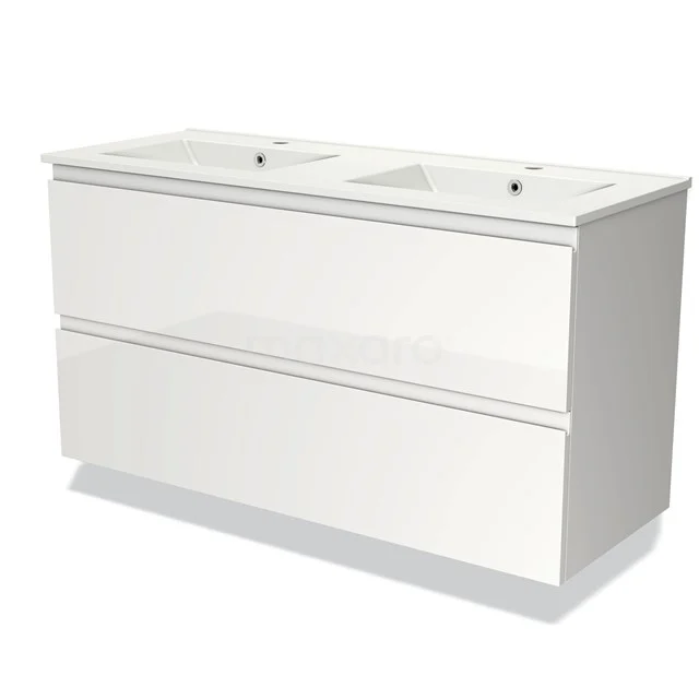 Witte dubbele wastafel met strakke lijnen en twee lades, perfect als ruimtebesparende badkamermeubel.