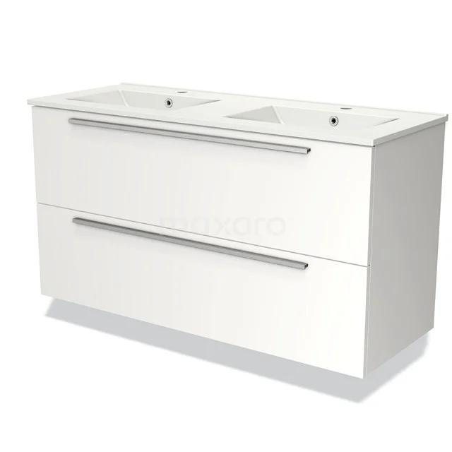 Witte badkamermeubelset met dubbele wastafel, strak design, twee lades en metalen grepen, ideaal voor moderne badkamers.