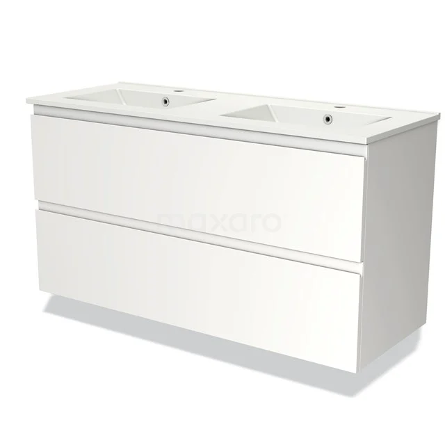 Wit dubbel badkamermeubel met strakke ladefronten, twee keramische wastafels; modern ontwerp voor stijlvolle badkamers.