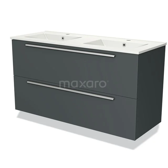 Donkergrijs badkamermeubel met dubbele witte wastafel, strak design, handige opberglades en moderne afwerking.