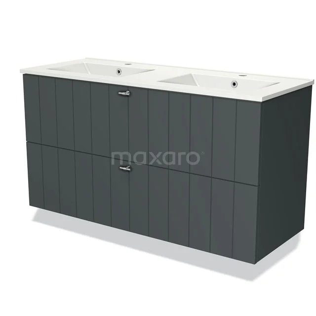 Grijze badkamermeubel met dubbele wastafel, modern design, verticale lijnen op de kastdeuren, ideaal voor stijlvolle badkamers.