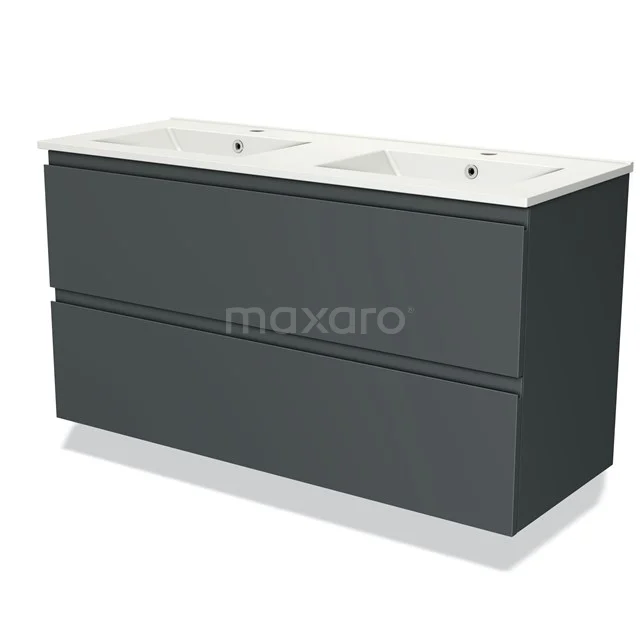 Donkergrijze dubbele wastafelmeubel met twee geïntegreerde witte keramische waskommen, perfect voor moderne badkamers.