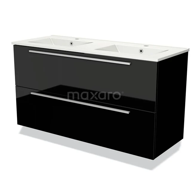Zwart hoogglans badkamermeubel met twee witte wastafels, strak design, dubbele lades en chromen handgrepen.