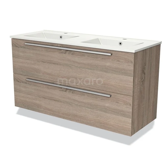 Wooden bathroom unit with double basin, modern design, two drawers with metal handles, ideal for stylish bathrooms.