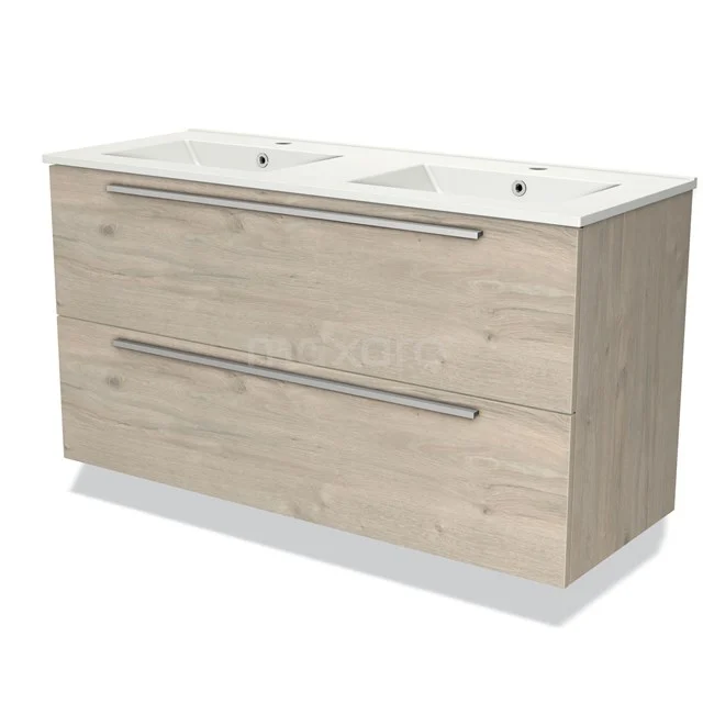 Holz Badezimmermöbel mit doppeltem weißen Waschbecken, zwei Schubladen und modernem Design; ideal für eine stilvolle Badezimmer Einrichtung.