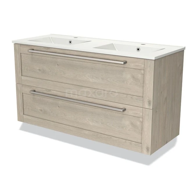 Holz Badezimmermöbel mit zwei Schubladen, Doppelwaschbecken und modernen Haltegriffen, perfekt für stilvolle Badezimmerlagerung.