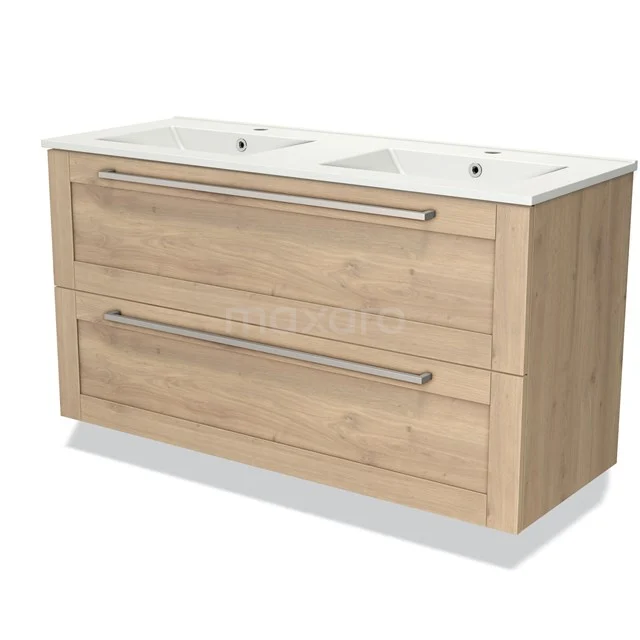 Houten badkamermeubel met dubbele wastafel en twee grote lades, modern ontwerp in licht eiken uitvoering.
