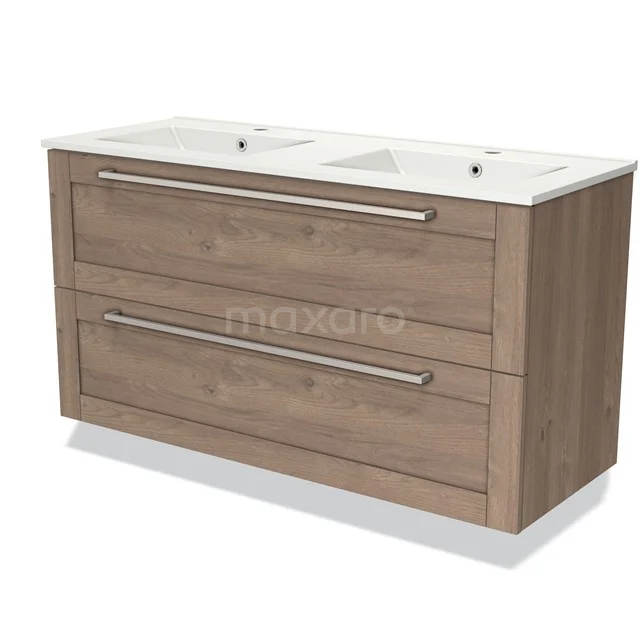 Houten badkamermeubel met dubbele keramische wastafel, 2 brede lades en metalen grepen, modern en praktisch ontwerp.