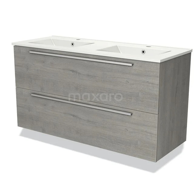 Dubbele wastafelmeubel in grijs houtlook met twee lades, ideaal voor moderne badkameropslag met strakke lijnen.