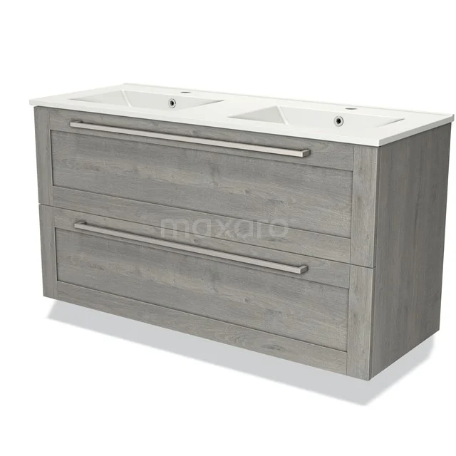 Grijze houten badkamermeubel met dubbele wastafel, modern design en ruime lades voor optimale opbergruimte in de badkamer.