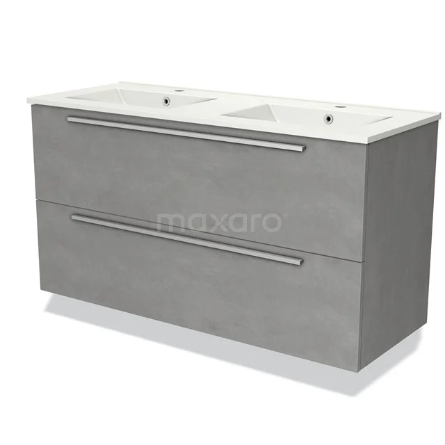 Grey bathroom cabinet with double basin, modern look, smooth finish and spacious storage drawers.