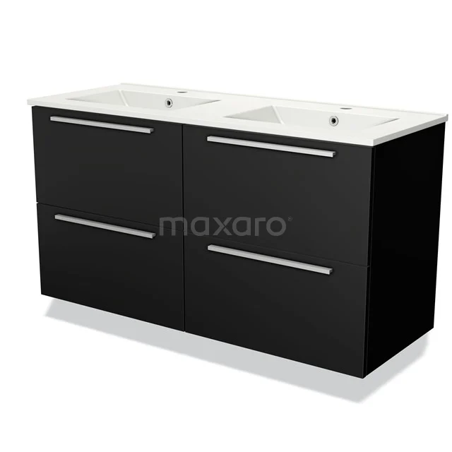 Zwarte badkamermeubelset met dubbele wastafel, moderne designlook en metalen handgrepen voor een stijlvolle badkamer renovatie.