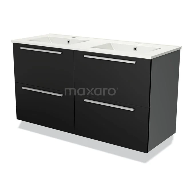 Zwarte badkamermeubelset met dubbele wastafel, moderne strakke vormgeving en matte afwerking, ideaal voor stijlvolle badkamers.