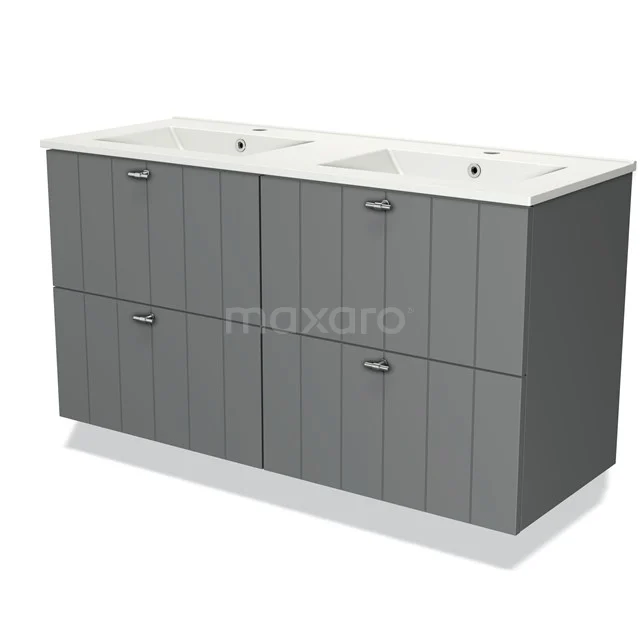 Grey double vanity unit with ribbed pattern, four drawers and ceramic sink; stylish and functional for the bathroom.