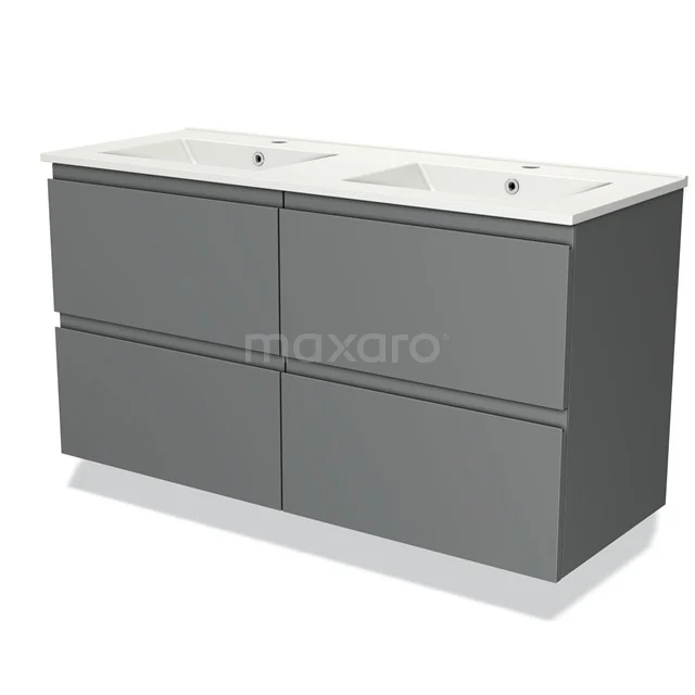 Grijze dubbele wastafelmeubel met twee keramische wasbakken, strak design, ideaal voor moderne badkamerruimtes.