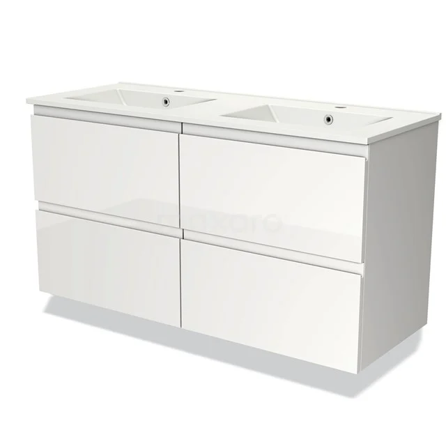 Wit dubbel wastafelmeubel met strakke lijnen en soft-close lades, ideaal voor een moderne badkamer inrichting.