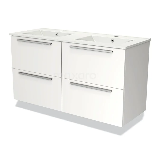 Wit badkamermeubel met dubbele wasbak, vier lades en strakke handgrepen, ideaal voor moderne badkamerinrichting.