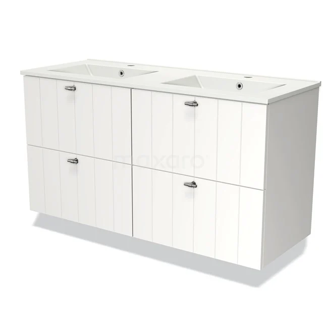 Wit badkamermeubel met dubbele wastafel, vier geribbelde lades en chromen handgrepen; ideaal voor moderne badkamerinrichting.