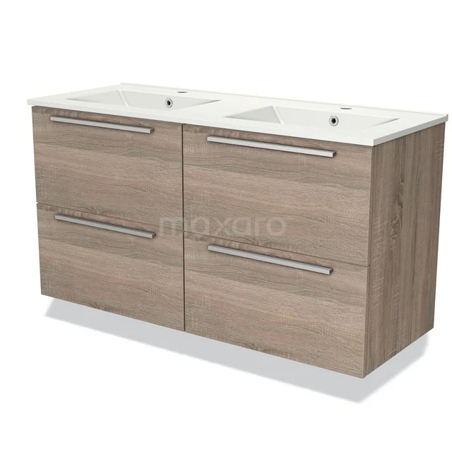 Holz Badezimmermöbel mit Doppelwaschbecken, vier Schubladen und schlichten metallischen Haltegriffen; modernes Design in heller Eiche.