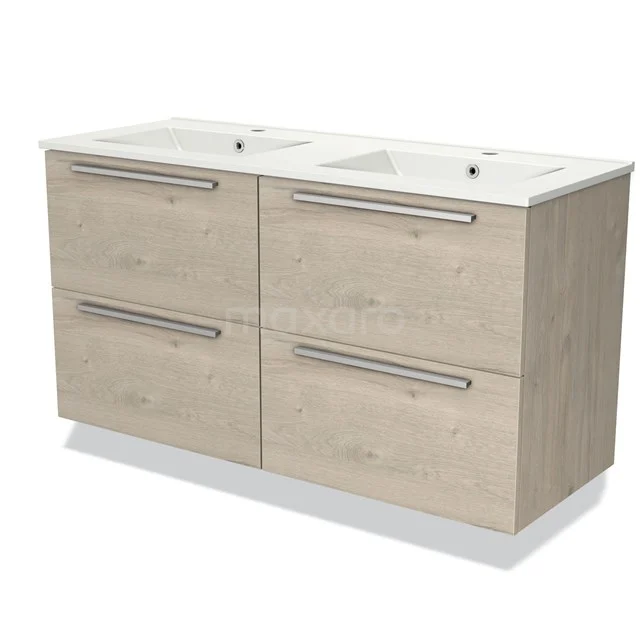 Houten badkamermeubel met twee witte wastafels, vier lades en moderne grepen, ideaal voor een stijlvolle badkamer inrichting.