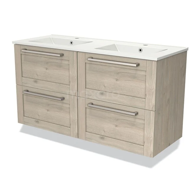 Wooden bathroom unit with double basin, four spacious drawers and modern metal handles for stylish, practical furnishing.