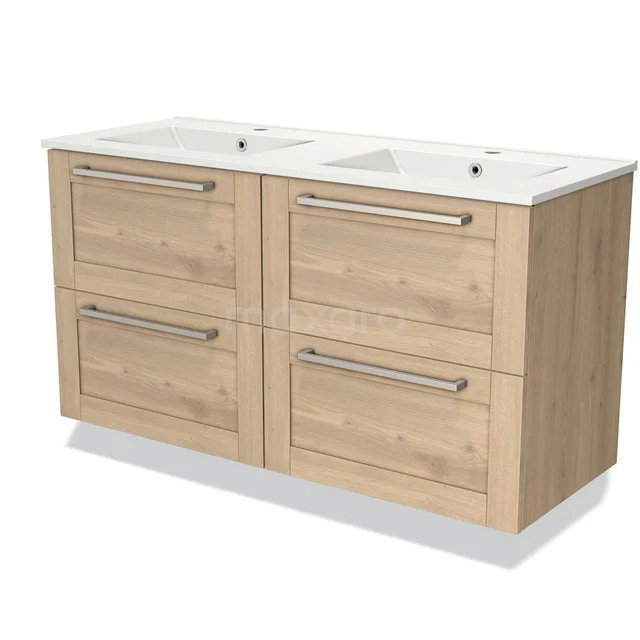 Houten dubbele wastafelmeubel met 4 lades, moderne afwerking, ideaal als stijlvolle opbergoplossing in de badkamer.