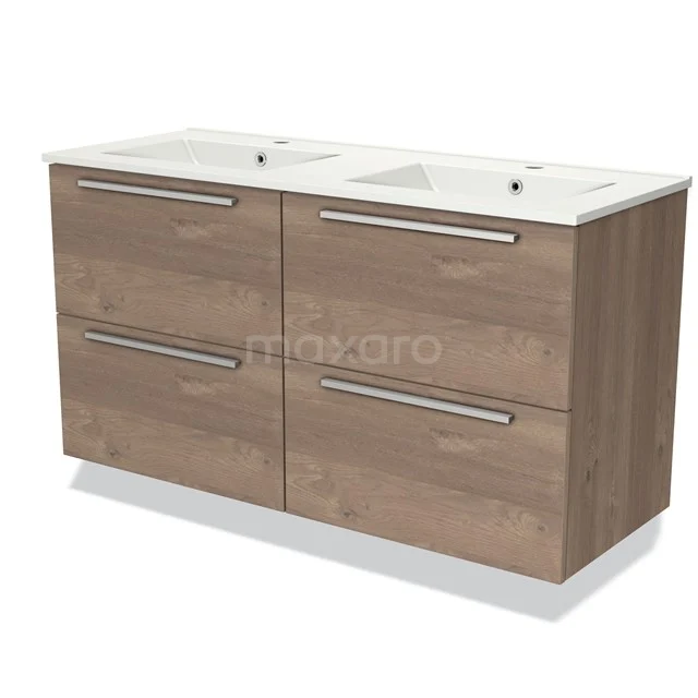 Wooden bathroom unit with double basin, wide drawers and minimalist design, ideal for a modern bathroom.