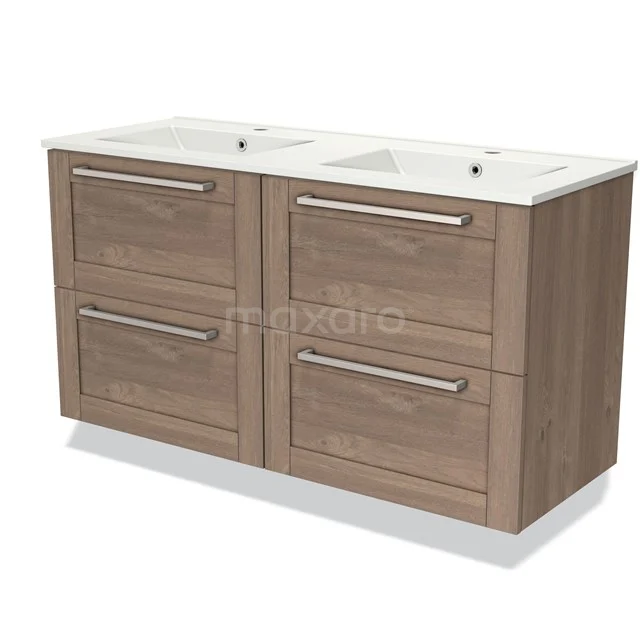 Houten badkamermeubel met dubbele wastafel, vier lades en strakke handgrepen, ideaal voor een moderne badkamer.