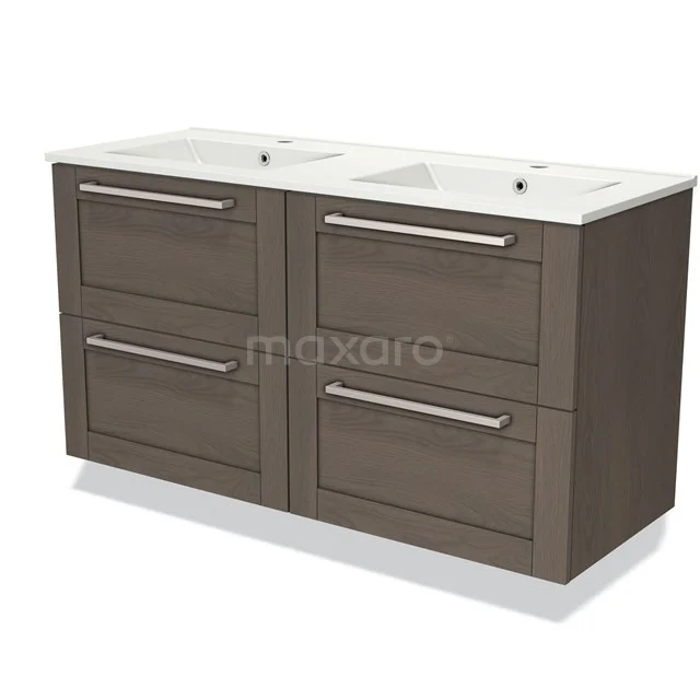 Dubbele wastafelmeubel in houtlook met vier lades, ideaal voor een stijlvolle en ruime badkamersetup.