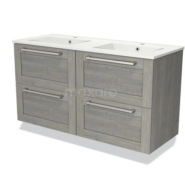 Wooden vanity units with double basin, grey finish, modern handles and four drawers for storage space.