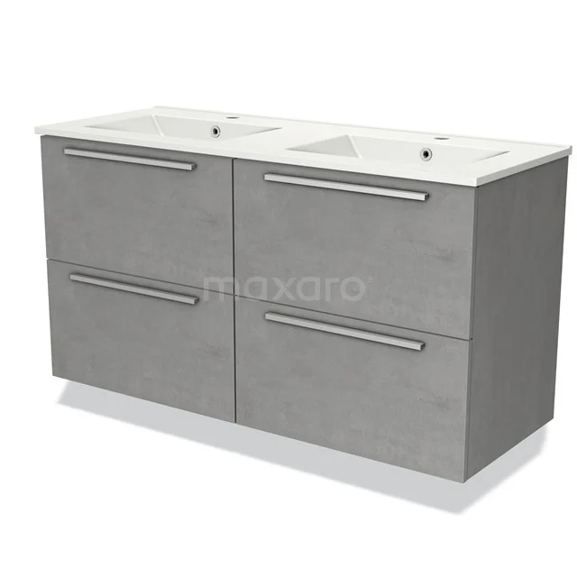 Grijze houten badkamermeubel met dubbele witte wastafel, vier ladekasten en moderne, metalen handgreepdetails.