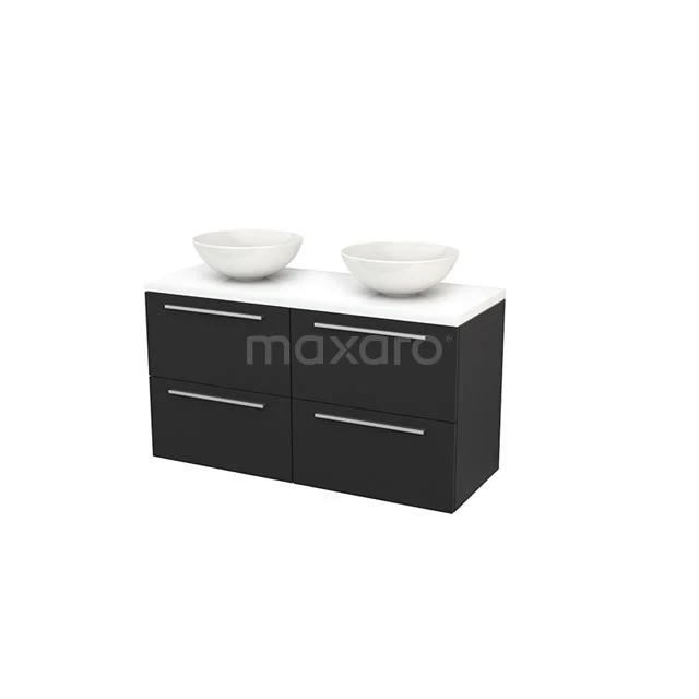 Black bathroom unit with white double basin, sleek design, four drawers, ideal for modern bathrooms.