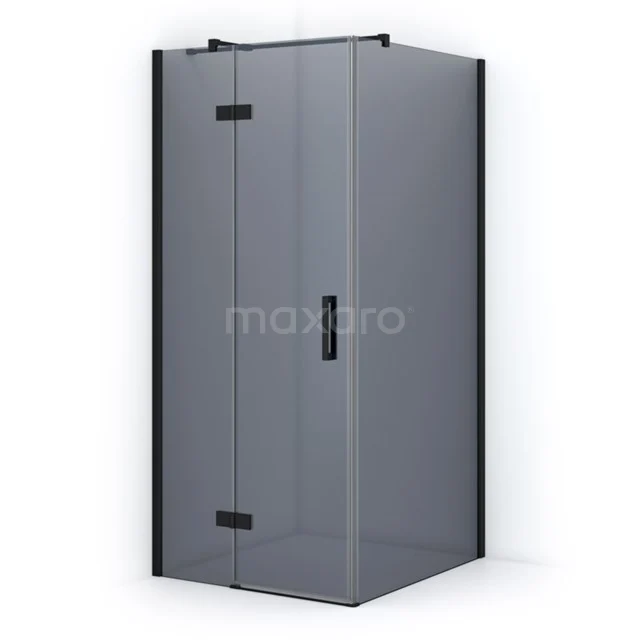 Glass black corner shower cabin with matte black hinges, minimalist design for a modern bathroom.