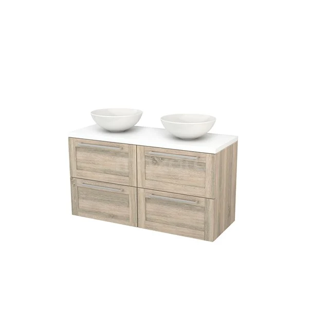 Wooden bathroom unit with double basins, light oak colour, modern design, ideal for stylish bathroom design.