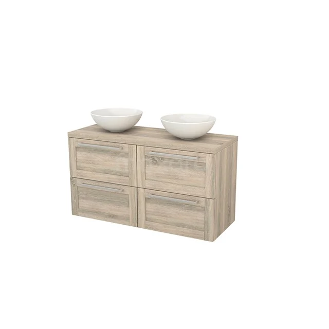 Modulo+ Plato Vanity units for countertop basin | 120 cm Oak Frame front Oak worktop 4 drawers BMK002607 Wooden bathroom unit with double vanity units for countertop wash basins, light oak look, four drawers, modern design for functional bathrooms.