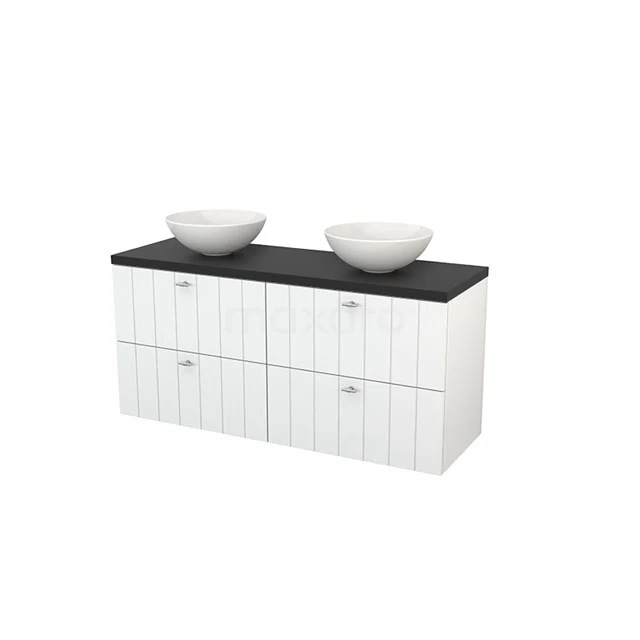 Modulo+ Plato Badmöbel mit Aufsatzwaschbecken | 140 cm Hochglanz Weiß Lamelle front Kohlenstoff blatt 4 Schubladen BMK002628 Weißes Badezimmermöbel mit Holzstruktur, schwarzer Platte und doppelten Aufsatzwaschbecken; stilvoll und geräumig für moderne Bäder.