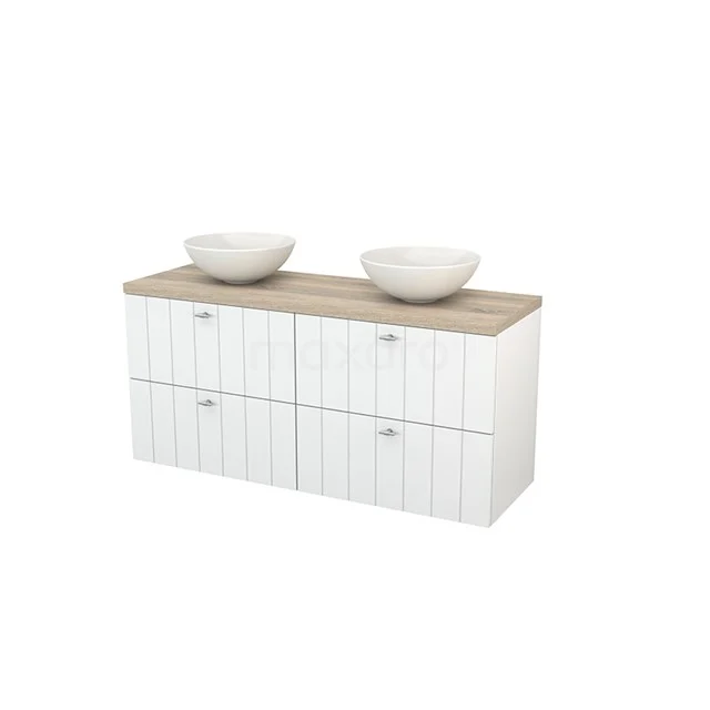 White wooden bathroom unit with four drawers, two white countertop wash basins and a natural wood-look top.