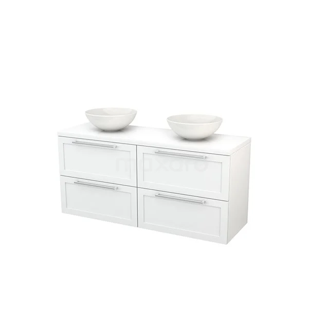 Modulo+ Plato Vanity units for countertop basin | 140 cm High-gloss white Frame front High-gloss white worktop 4 drawers BMK002632 White bathroom unit with double basin, four drawers and sleek chrome handles, modern wood design.