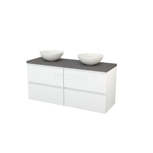 Modulo+ Plato Badmöbel mit Aufsatzwaschbecken | 140 cm Hochglanz Weiß Grifflos front Basalt blatt 4 Schubladen BMK002639 Weißes Badezimmermöbel mit Doppelwaschbecken, Dunkelgrau Platte, modernes Design und integrierten Schubladen für optimalen Stauraum.