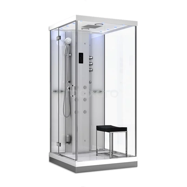 Modern glass shower enclosure with rain shower, steam function and LED lighting, ideal for a luxurious bathroom experience.