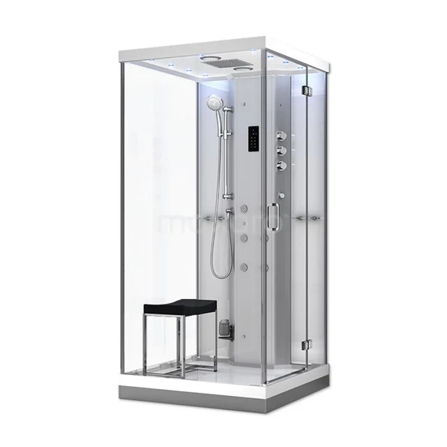 Glasene Ecke Duschkabine mit weißem Rahmen, Regendusche, Massage-Düsen und schwarzem Stuhl; ideal für luxuriöse Badezimmerentspannung.