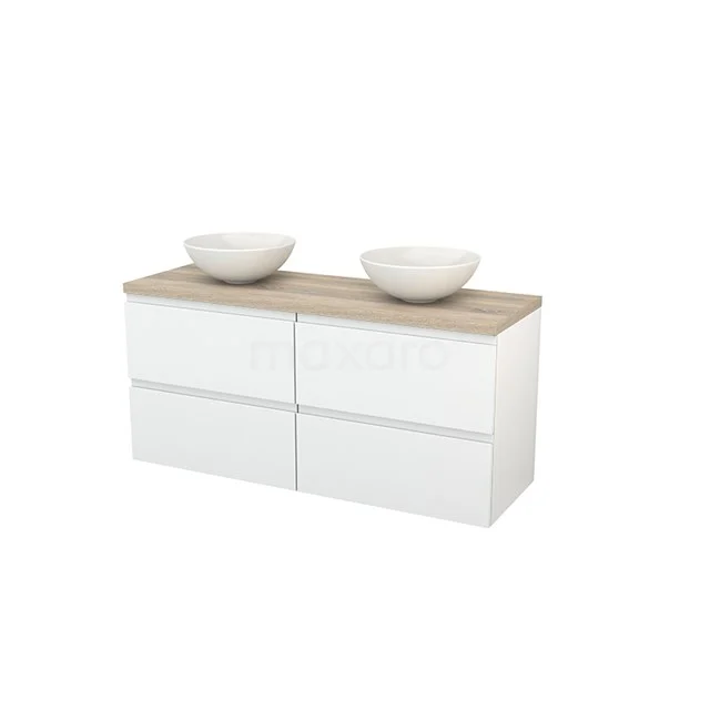 Weißes Badezimmermöbel mit Holzlook Platte, doppelte Aufsatzwaschbecken und vier Schubladen; modernes Design für das Badezimmer.