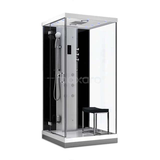 Lusso Einpersonen-Dampfkabine | 100x100 cm Schwarz Glas Drehtür Quadrat SHAN1010004N Kompakte schwarze Duschkabine mit Glaswänden, Regen- und Handbrause, integrierten Wellness-Funktionen und einem stilvollen Stuhl.
