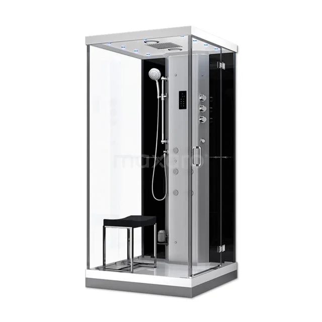 Compact black steam shower cabin with glass walls, built-in rain shower and seat, ideal for luxurious bathroom relaxation.