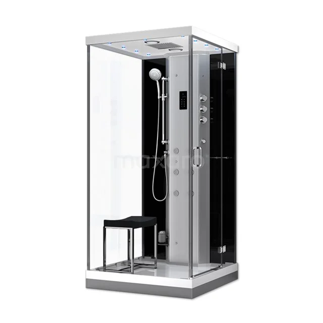 Compact black steam shower cabin with glass walls, built-in rain shower and seat, ideal for luxurious bathroom relaxation.