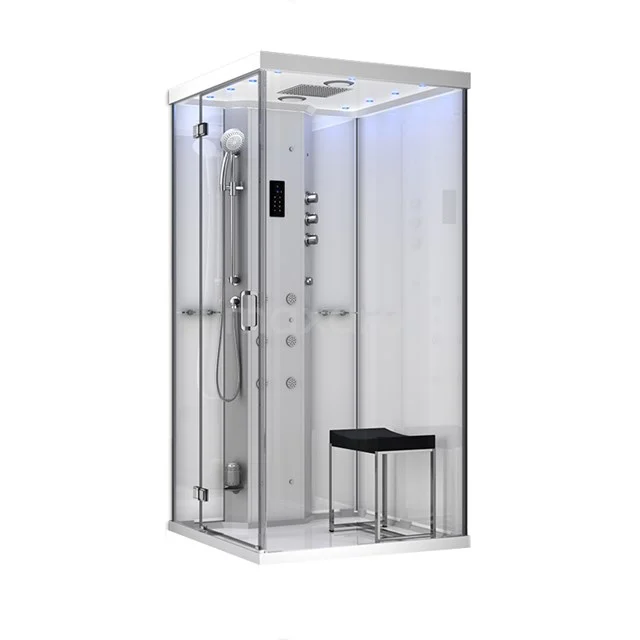 Compact steam showers with glass walls, built-in rain shower, massage showers and a black seat, ideal for the bathroom.