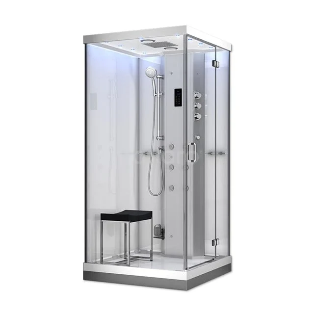 Modern steam shower cabin with glass walls, built-in rain shower and bench seat, ideal for luxurious bathroom relaxation.