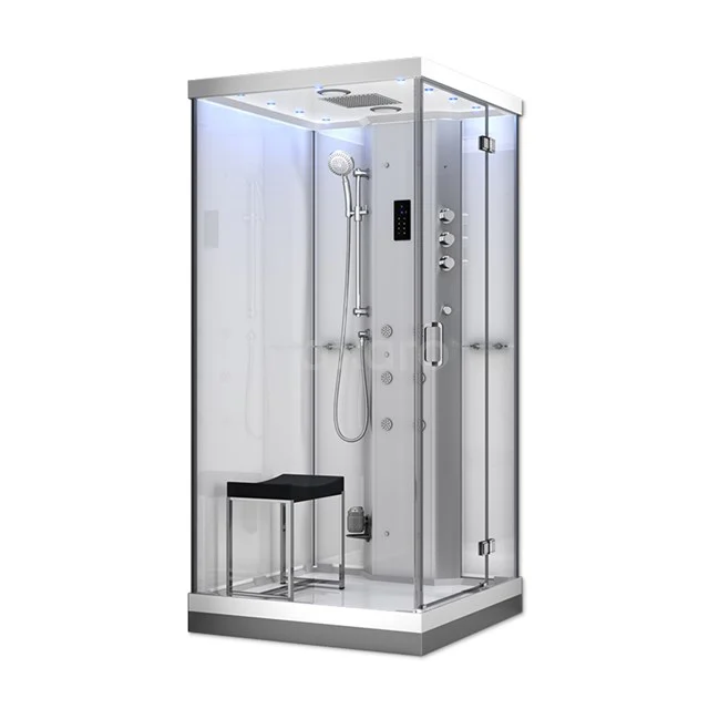 Modern steam shower cabin with glass walls, built-in rain shower and bench seat, ideal for luxurious bathroom relaxation.