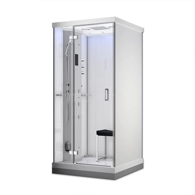 Compact luxury shower enclosure with steam function, white Glass, integrated seat and LED lighting, ideal for modern bathrooms.